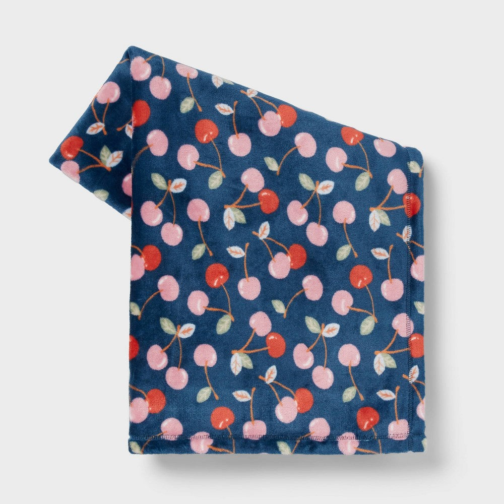 Cherries Printed Plush Throw Blanket Navy - Room Essentials: Soft Fleece, Machine Washable, Cozy for All Ages