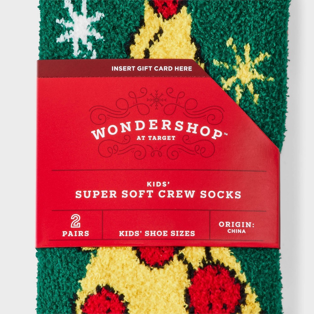 Kids' 2pk 'Pizza' Cozy Christmas Crew Socks with Gift Card Holder - Wondershop Dark Green M/L