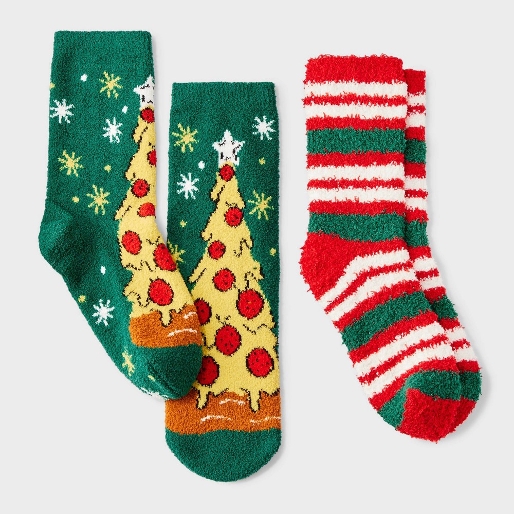 Kids' 2pk 'Pizza' Cozy Christmas Crew Socks with Gift Card Holder - Wondershop Dark Green M/L