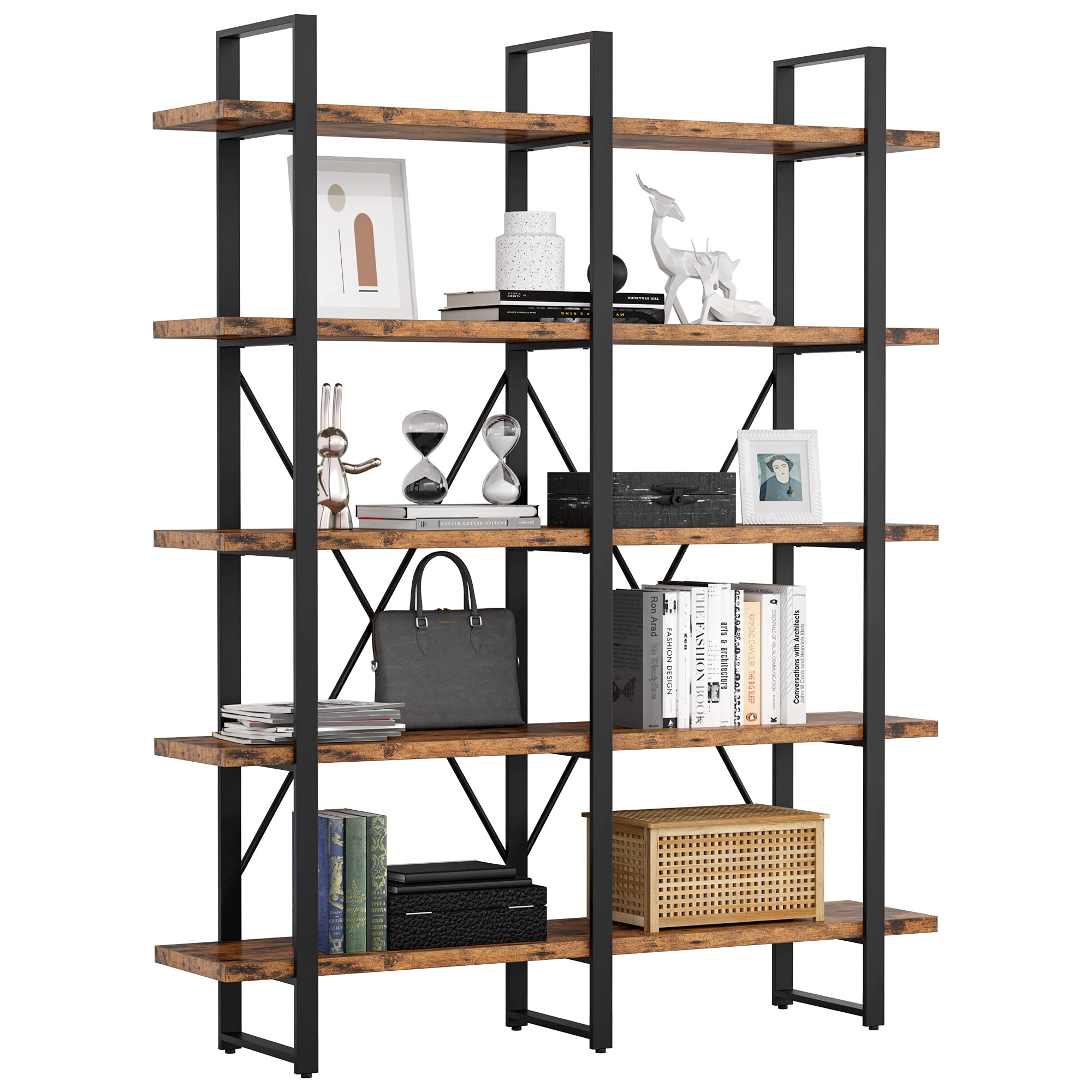 IRONCK Industrial Bookshelf And Bookcase Double Wide 5 Tier, Large Open Shelves, Wood And Metal Bookshelves For Home Office Furniture, Easy Assembly (LOCAL PICKUP ONLY)