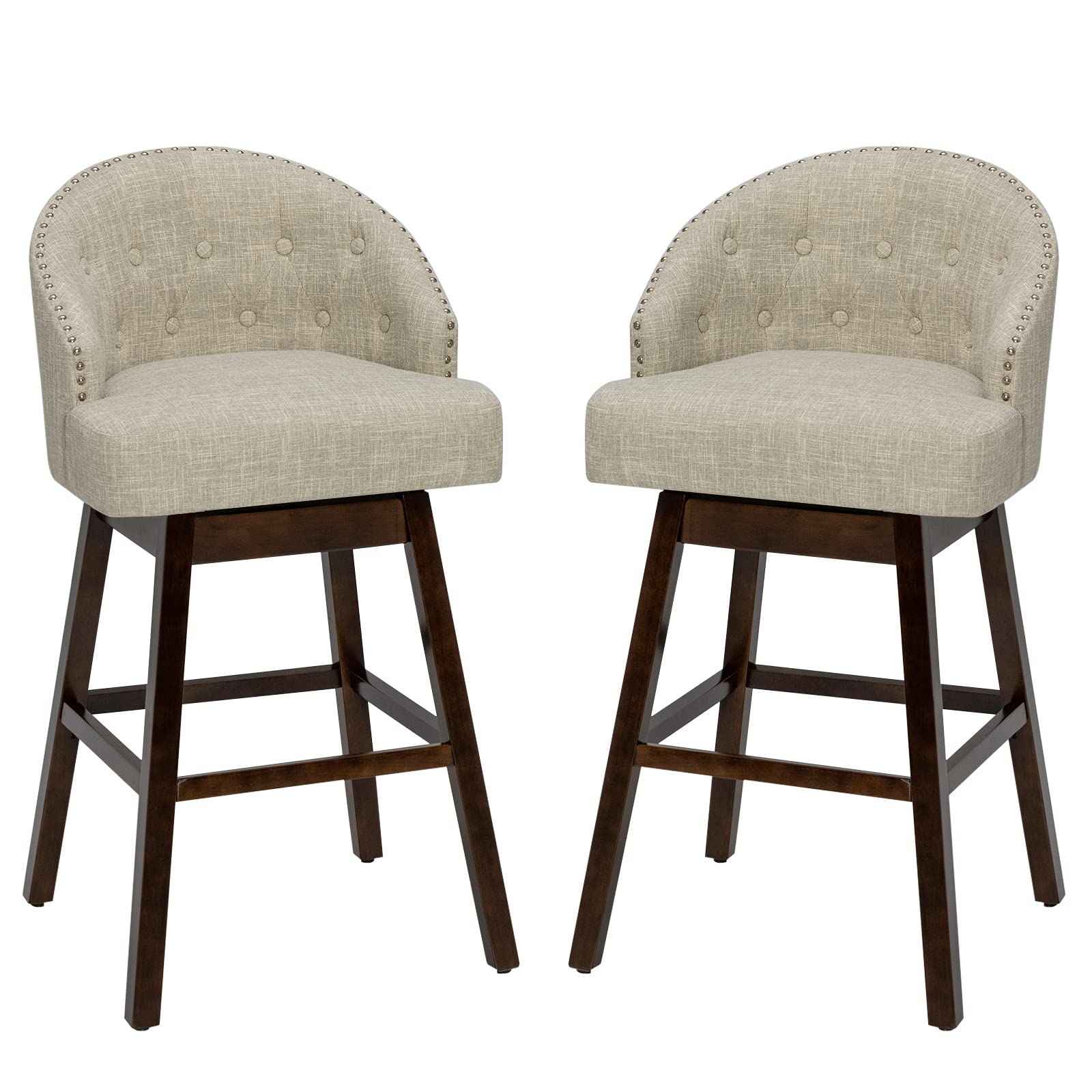 COSTWAY Bar Stools Set Of 2, 31’’ Swivel Bar Stools With Rubber Wood Legs & Padded Back, Breathable Linen Fabric, Stylish Tufted Design & Rivet Decoration, Adjustable Foot Pads (2, Beige + Brown) (LOCAL PICKUP ONLY)