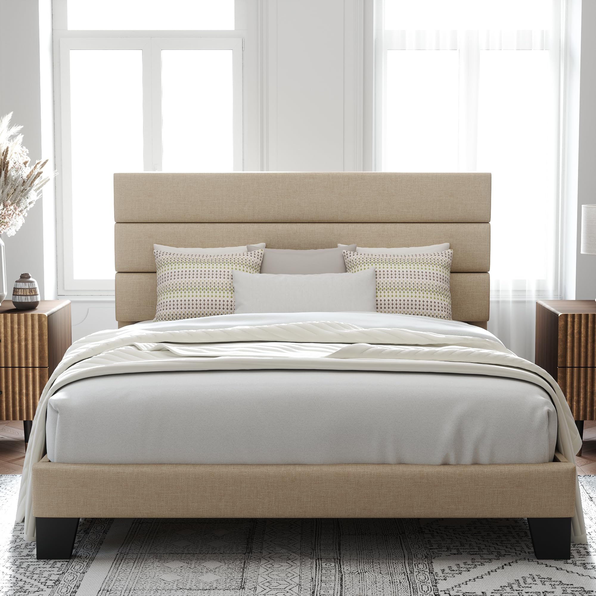 Allewie Queen Size Platform Bed Frame With Fabric Upholstered Headboard And Wooden Slats Support, Fully Upholstered Mattress Foundation/No Box Spring Needed/Easy Assembly, Beige (LOCAL PICKUP ONLY)