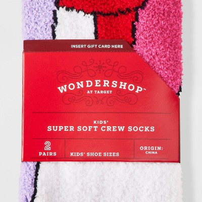 Kids' 2pk Unicorn Cozy Christmas Crew Socks with Giftcard Holder - Wondershop Lavender Purple XS/S