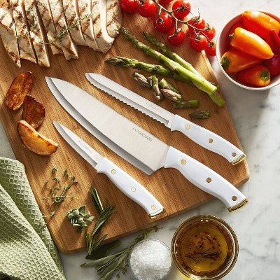 Farberware 3pc Knife Set White/Gold: Chef, Paring & Utility Knives, Stainless Steel Blades, Riveted ABS Handles