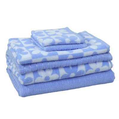 6pc Bath Towel Set Light Blue Checkered Daisy - Kapoor Home