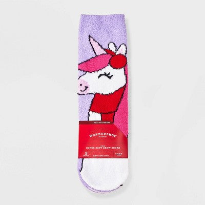 Kids' 2pk Unicorn Cozy Christmas Crew Socks with Giftcard Holder - Wondershop Lavender Purple XS/S