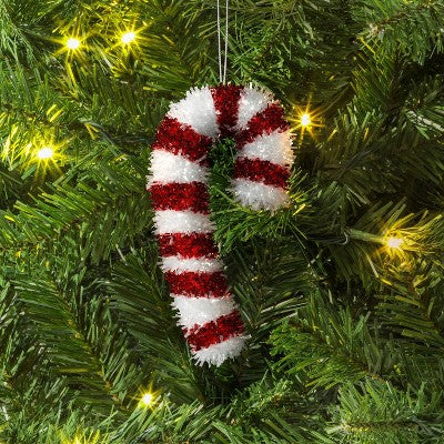 Christmas Red White Tinsel Wrapped Plastic Candy Cane - Wondershop