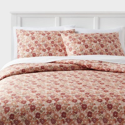 King Cotton Blend Sateen Duvet Cover and Sham Set Copper/Light Pink Floral - Room Essentials: 225 Thread Count, OEKO-TEX Certified
