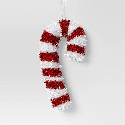 Christmas Red White Tinsel Wrapped Plastic Candy Cane - Wondershop