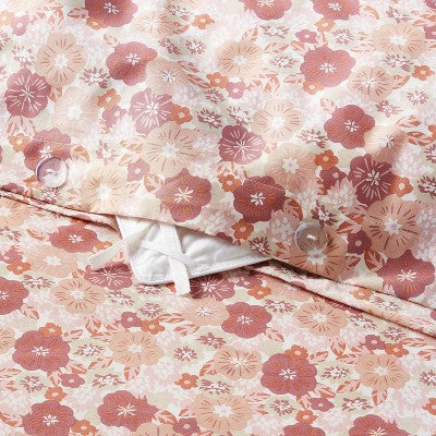 King Cotton Blend Sateen Duvet Cover and Sham Set Copper/Light Pink Floral - Room Essentials: 225 Thread Count, OEKO-TEX Certified