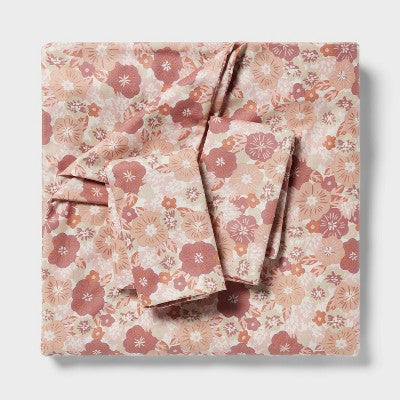 King Cotton Blend Sateen Duvet Cover and Sham Set Copper/Light Pink Floral - Room Essentials: 225 Thread Count, OEKO-TEX Certified