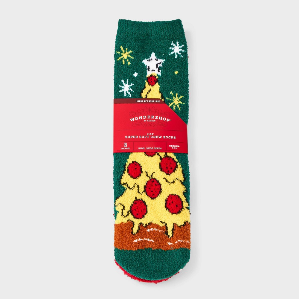 Kids' 2pk 'Pizza' Cozy Christmas Crew Socks with Gift Card Holder - Wondershop Dark Green M/L