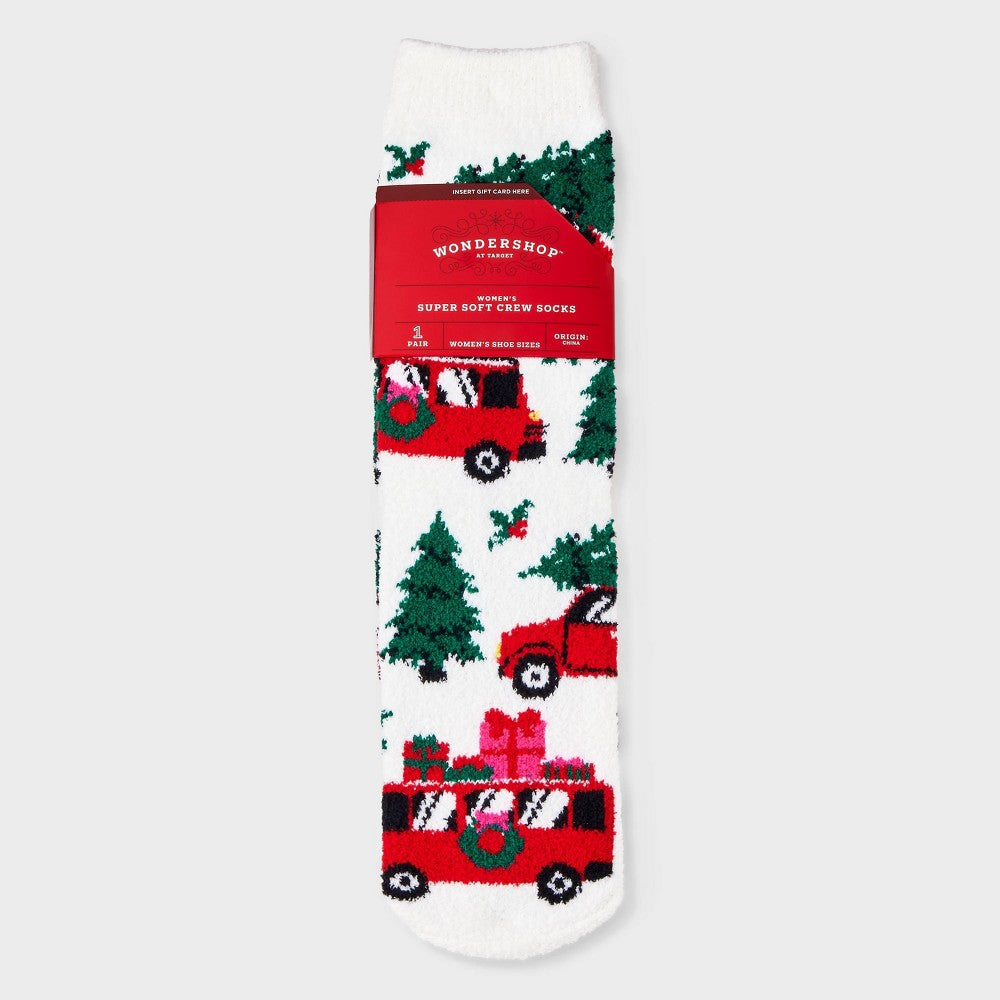 Women's Winter Road Trip Cozy Christmas Crew Socks with Gift Card Holder - Wondershop White 4-10