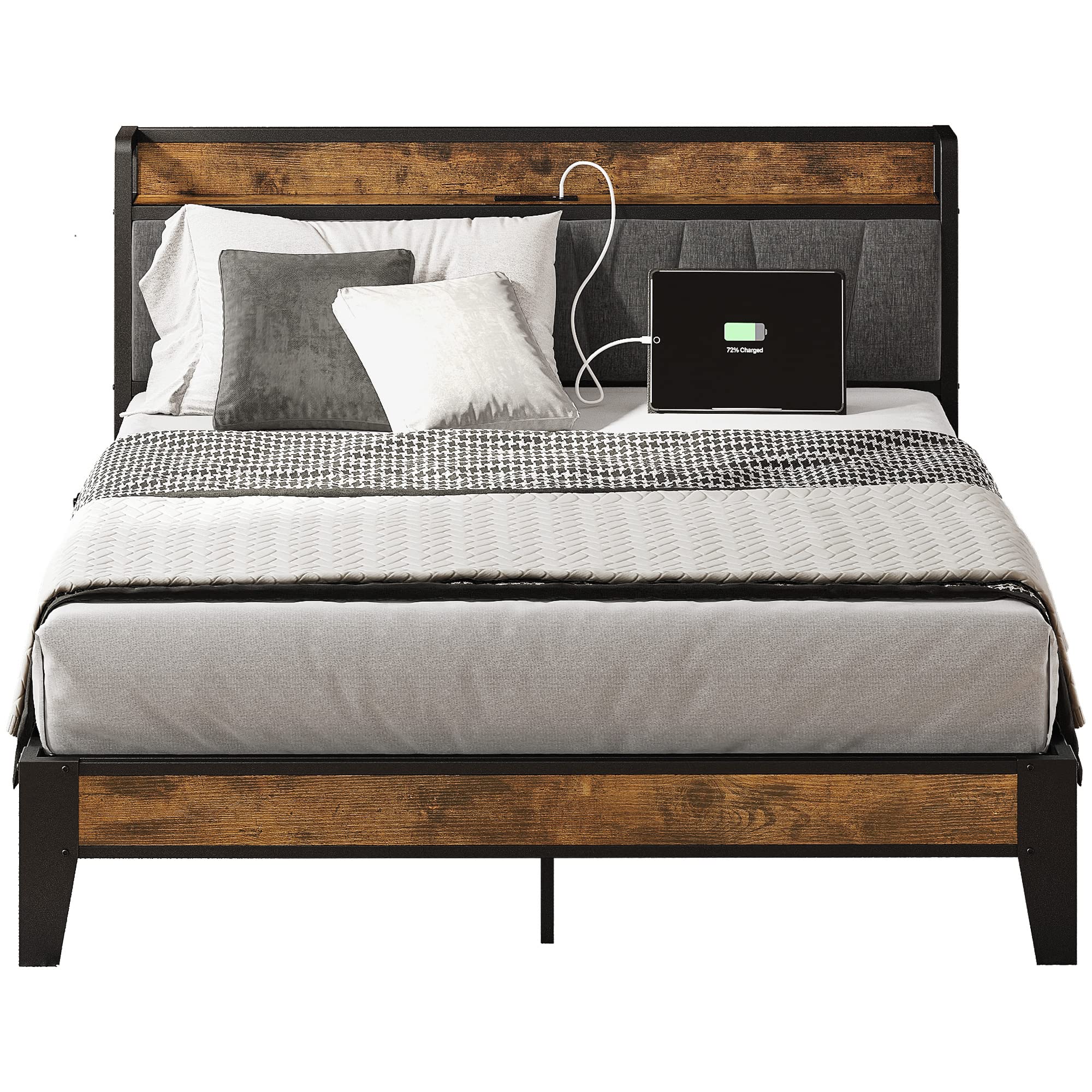 LIKIMIO Full Bed Frame, Storage Headboard With Charging Station, Solid And Stable, Noise Free, No Box Spring Needed, Easy Assembly (LOCAL PICKUP ONLY)