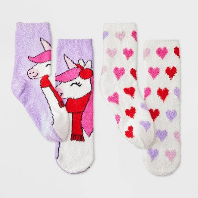 Kids' 2pk Unicorn Cozy Christmas Crew Socks with Giftcard Holder - Wondershop Lavender Purple XS/S