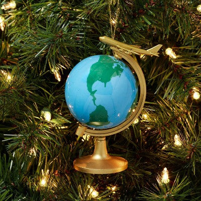 Globe with Airplane Christmas Tree Ornament Blue/Gold - Wondershop