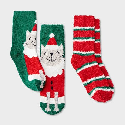 Kids' 2pk Cat Cozy Christmas Crew Socks with Giftcard Holder - Wondershop Dark Green XS/S