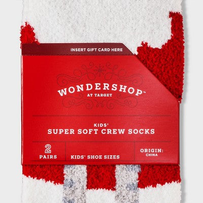 Kids' 2pk Cat Cozy Christmas Crew Socks with Giftcard Holder - Wondershop Dark Green XS/S