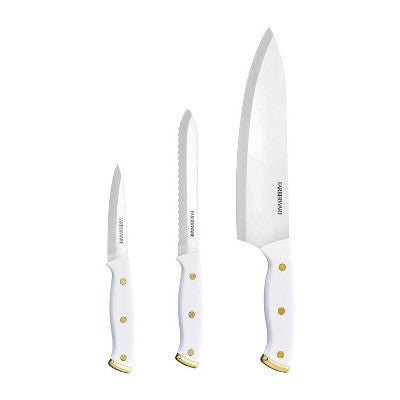 Farberware 3pc Knife Set White/Gold: Chef, Paring & Utility Knives, Stainless Steel Blades, Riveted ABS Handles