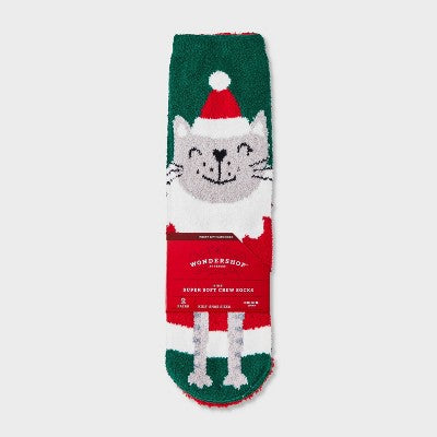Kids' 2pk Cat Cozy Christmas Crew Socks with Giftcard Holder - Wondershop Dark Green XS/S