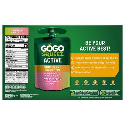 GoGo SqueeZ Active Fruit Blend Energy Release, Strawberry & Guava Punches - 39oz/10ct