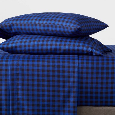 Queen Microfiber Sheet Set Blue/Black Gingham - Room Essentials